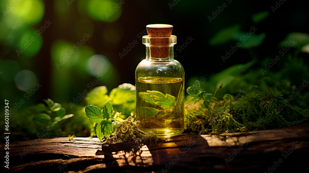 Tincture of herbs and flowers in a bottle. Generative AI. Tincture of herbs and flowers in a bottle. Generative AI.