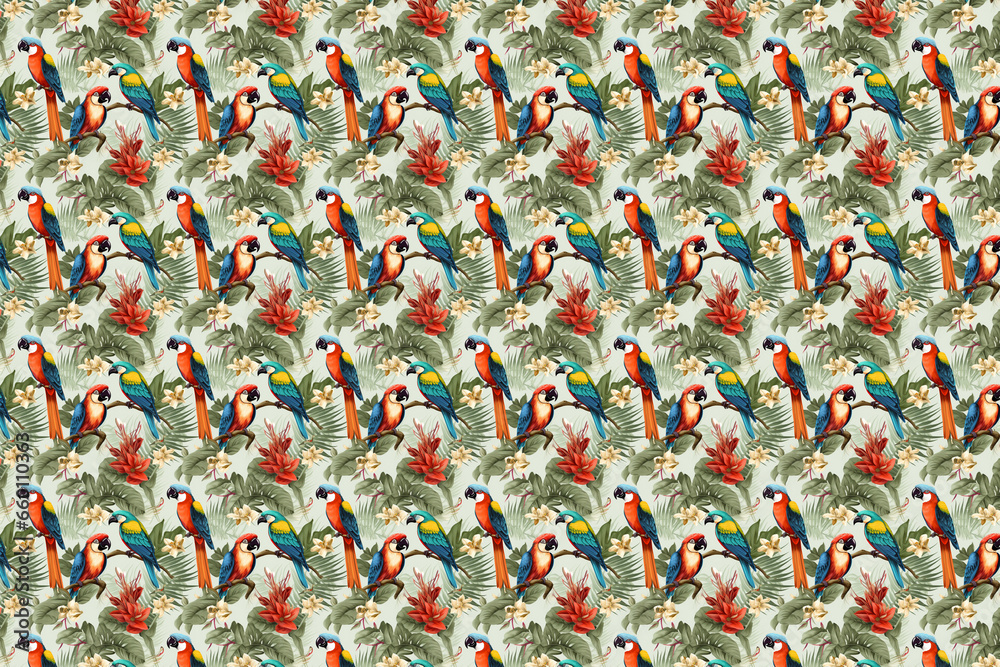Fototapeta premium parrot tropical bird, flowers and plants seamless pattern