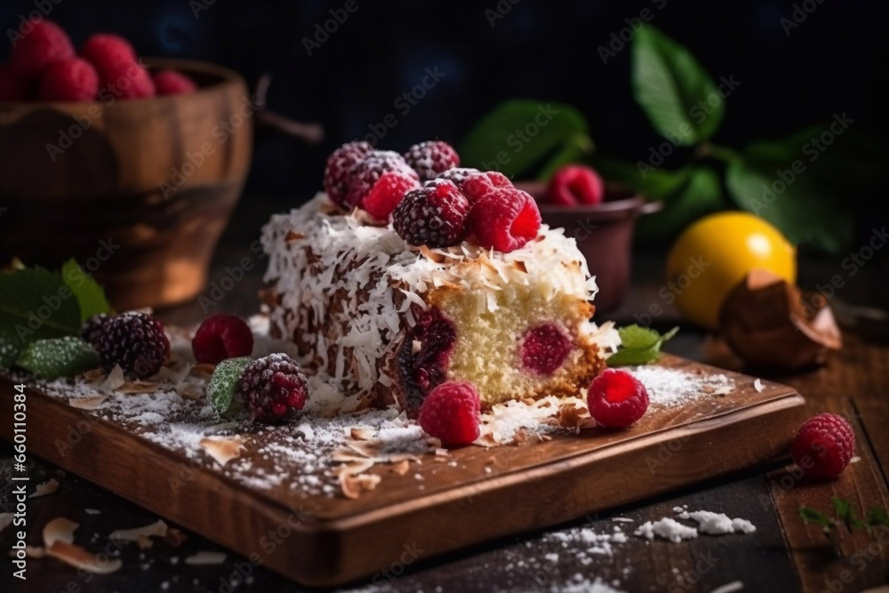 Coconut cake with raspberry jam and coconut flakes, decorated with fresh berries on a wooden board. Generative AI Coconut cake with raspberry jam and coconut flakes, decorated with fresh berries on a wooden board. Generative AI