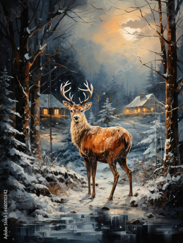 Cute deer Christmas winter village setting generatieve ai