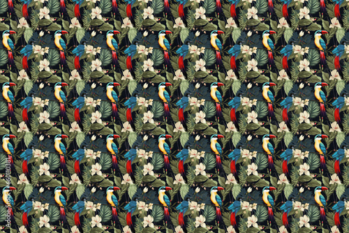 parrot tropical bird, flowers and plants  seamless pattern