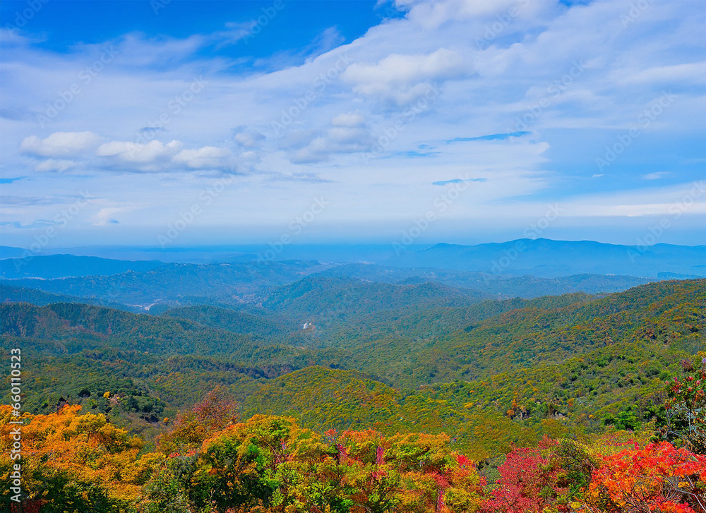 Autumn mountain landscape with trees, green hills, clouds, and a panoramic view of nature Autumn mountain landscape with trees, green hills, clouds, and a panoramic view of nature
