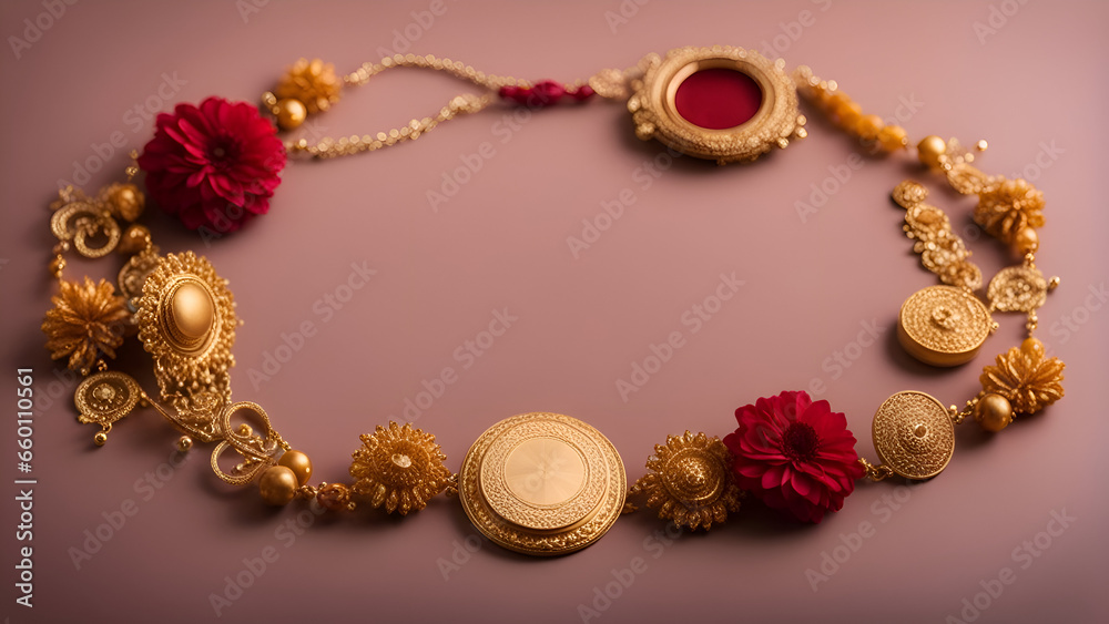 Raksha Bandhan  Rakhi with gold and red flowers on pink background