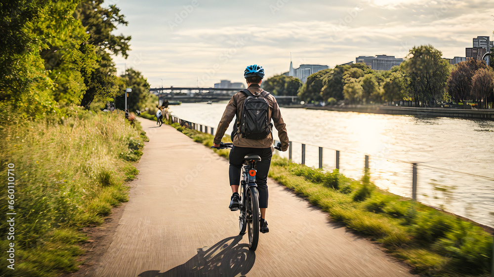 Obraz premium person riding a bicycle near river 
