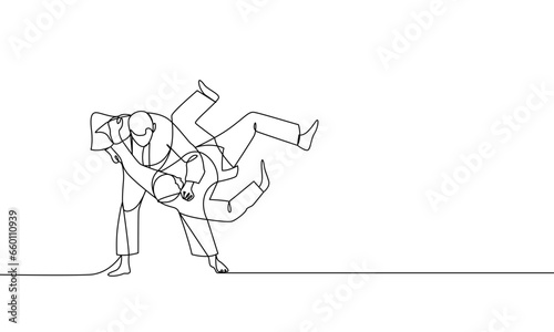 Single continuous drawing of judokas. Judo, Japanese martial art. One line drawing vector illustration