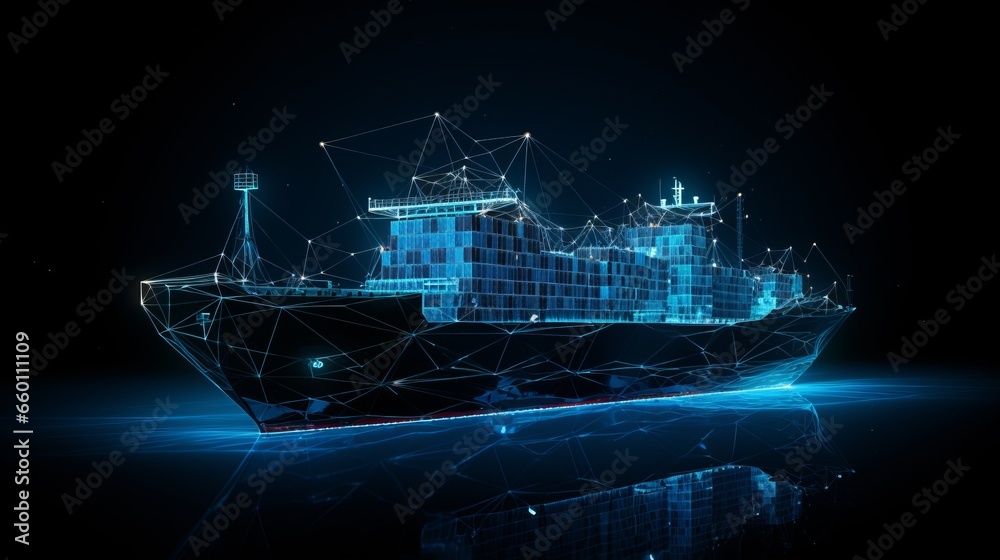 Polygonal 3d cargo ship in dark blue background. Online cargo delivery service, logistics or tracking app concept. Abstract vector illustration of online freight delivery service. - obrazy, fototapety, plakaty 