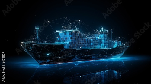 Polygonal 3d cargo ship in dark blue background. Online cargo delivery service, logistics or tracking app concept. Abstract vector illustration of online freight delivery service.
