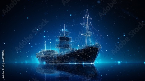 Polygonal 3d cargo ship in dark blue background. Online cargo delivery service  logistics or tracking app concept. Abstract vector illustration of online freight delivery service.