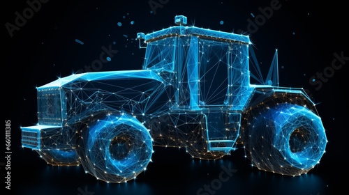 Polygonal 3d tractor in dark blue background. Online cargo delivery service, logistics or tracking app concept. Abstract vector illustration of online freight delivery service.