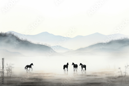 Horses in frog against a background of mountains
