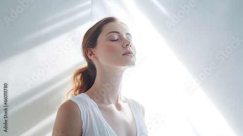 Free Download Portrait of a happy woman with closed eyes basking in the warmth of the rays of sunlight. Enjoy the beautiful moment of life. Peace of mind. Illustration for banner, poster, cover, brochure or card. - GFXLoad