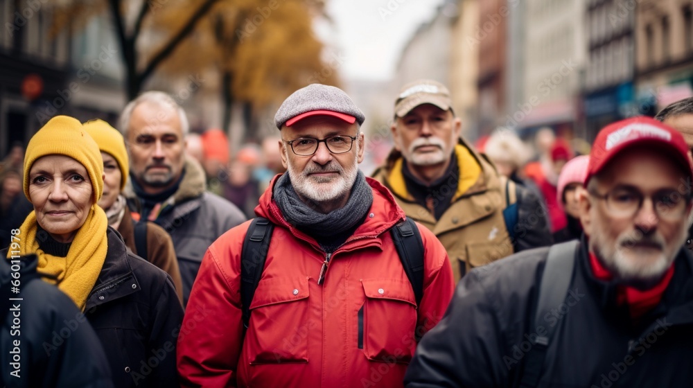 Seniors marching through the city streets during a demonstration, protest against high taxes