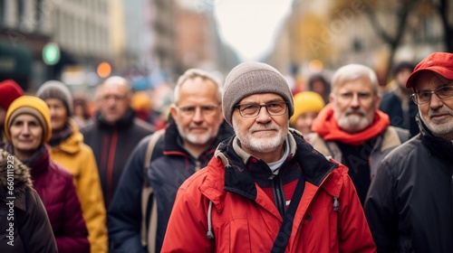 Seniors marching through the city streets during a demonstration, protest against high taxes
