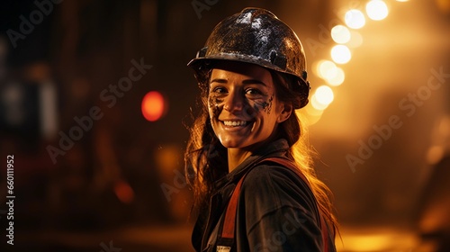 Portrait of a woman working in a mine, equal rights at work, difficult working conditions for female workers © PhotoHunter