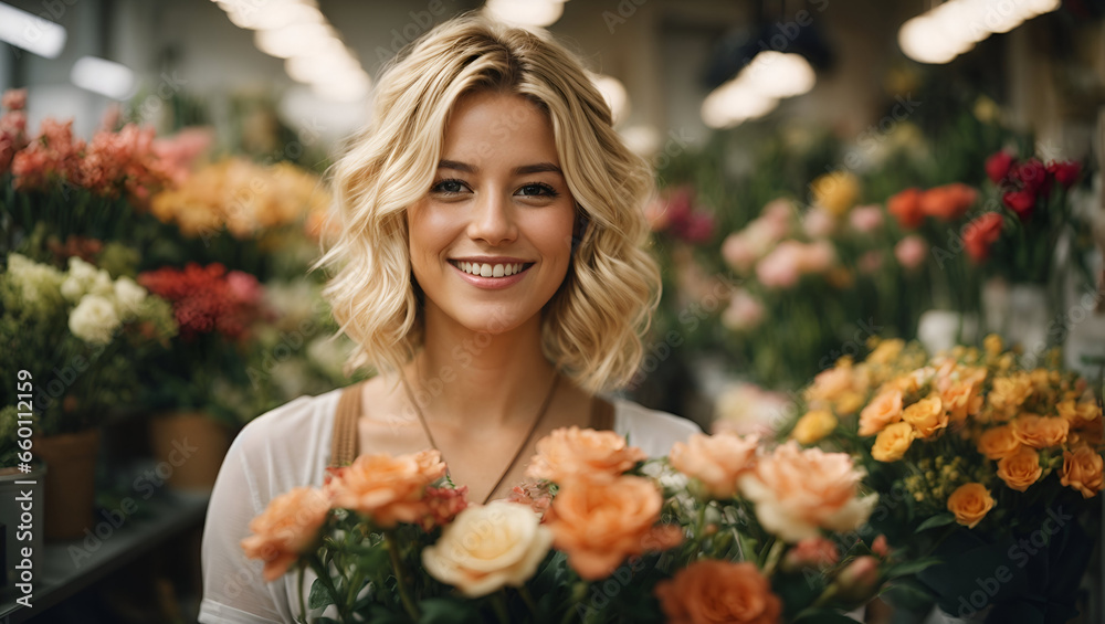 A smiling female florist among flowers and plants in his flower shop