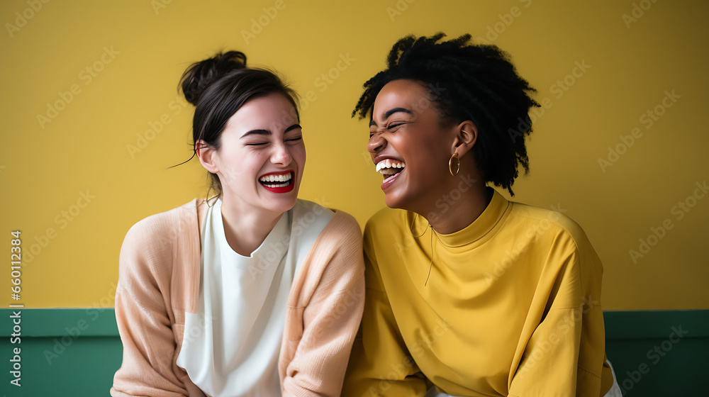 Fototapeta premium Two interracial best friends laughing and having a good time together in a studio