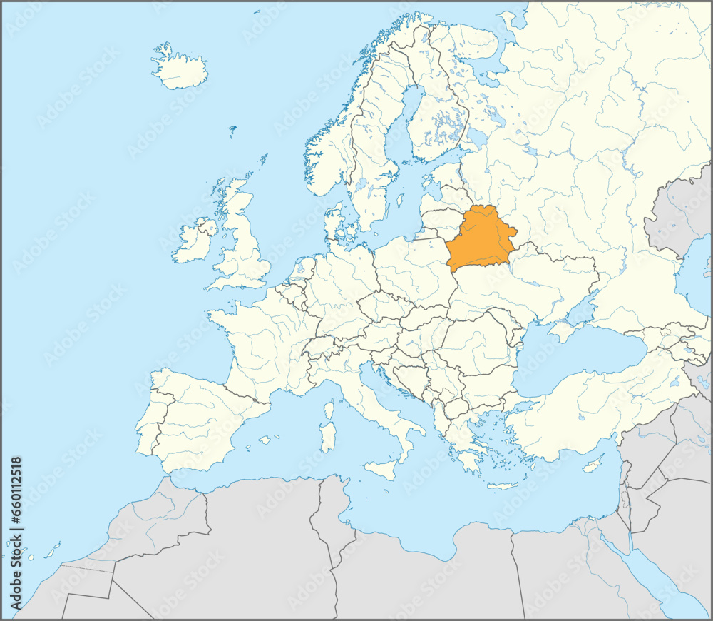 Gray CMYK national map of BELARUS inside detailed white blank political map of European continent on blue background using Mollweide projection