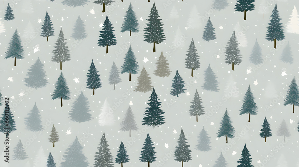 Fototapeta premium Seamless Tile, Forest in Winter, Christmas Holiday Gift Wrap, Wrapping Paper, Repeating Pattern - Generative AI