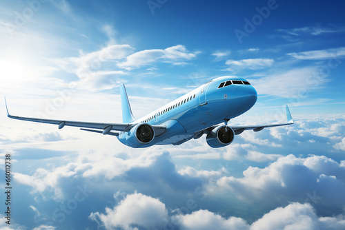 Airplane flying in the blue sky. Travel concept