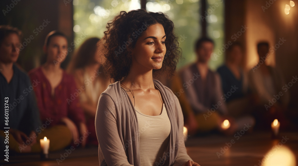 A spiritual guide leading a group in a candlelit evening meditation session, fostering inner peace, spiritual guide, mental health, blurred background A spiritual guide leading a group in a candlelit evening meditation session, fostering inner peace, spiritual guide, mental health, blurred background
