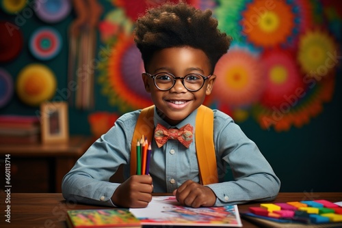 unny black boy sitting at his desk at home with colored pencils