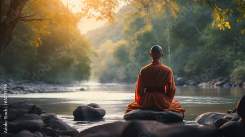 A serene riverside setting with a spiritual guide conducting a mindful walking meditation  spiritual guide  mental health  blurred background