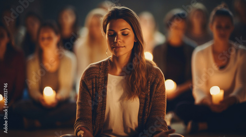A spiritual guide leading a group in a candlelit evening meditation session, fostering inner peace, spiritual guide, mental health, blurred background