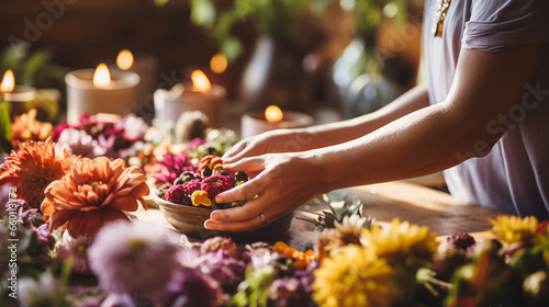 A close-up of a person's hands arranging flowers during a spiritual guide-led mindfulness and creativity workshop, spiritual guide, mental health, blurred background