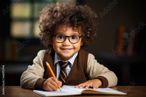 preschool boy in glasses writing at desk