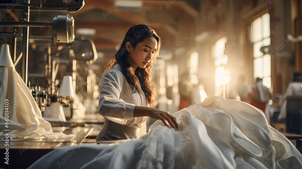 Asian young woman seamstress sewing clothes in a weaving factory. Clothing production in Asian countries, sewing machine, apparel industry. 