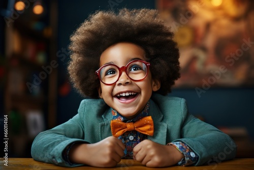 funny little boy in glasses in home