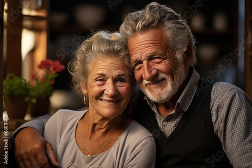  an older couple embracing in a kitchen