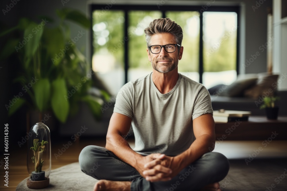 Fototapeta premium a man in glasses sits down and makes eye contact with the camera while meditating in his home