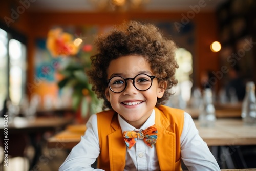 funny little boy in glasses in home