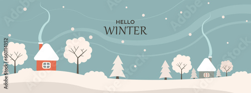 Vector drawing winter, nature, snow, forest, snowflakes. Horizontal banner hello winter. Banner template, design elements.