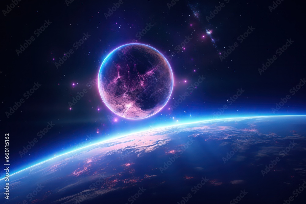 planets in open space synthwave neon glowing background