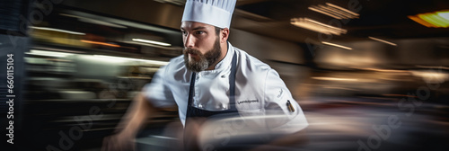 Chef’s toque blanche hat, professional kitchen environment, action shot of the chef in motion, blurred background