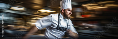 Chef’s toque blanche hat, professional kitchen environment, action shot of the chef in motion, blurred background