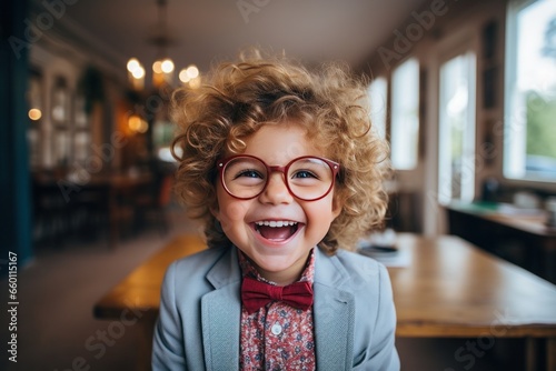 funny little boy in glasses in home