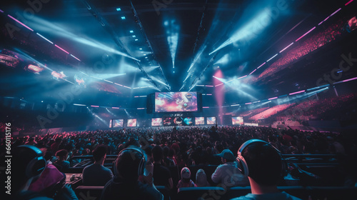 Esports Stadium, stadium filled with a young audience, large screens showing gameplay, neon ambient lighting