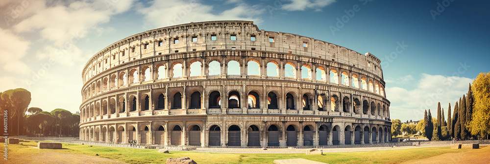 Historical Coliseum, Roman Colosseum, bright sunny day, detailed stone textures, tourists exploring