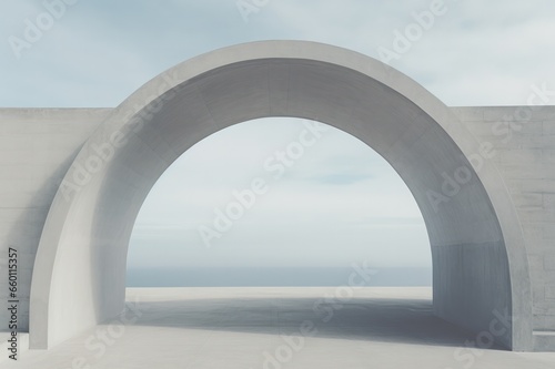 3d rendering of minimal gray concrete arch with sky backdrop. Architecture abstract background.