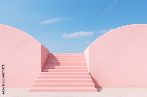 pink minimal staircase and arch in the sky. Modern architecture 3d rendering minimalism background. 80s 70s 60s retro.