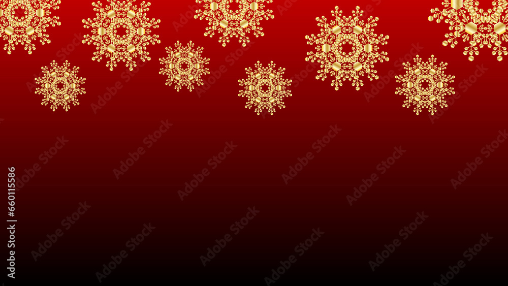 Golden snowflake on luxury red black color gradient background. Happy New Year. Merry Christmas card. Gold design for template, layout, web page, banner, flyer. Celebration poster. Xmas celebration.