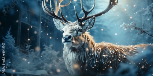 Christmas reindeer. Snow background with snowflakes with real deer . Photo. photo