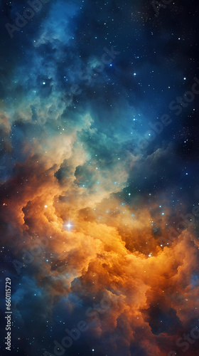 Cinematic Splendor: AI-Created Background - The Majestic Stellar Nebula in Sapphire and Amber photo