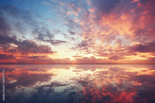 Sun Setting Over Water with Colorful Sky and Clouds with Reflection  Generative AI