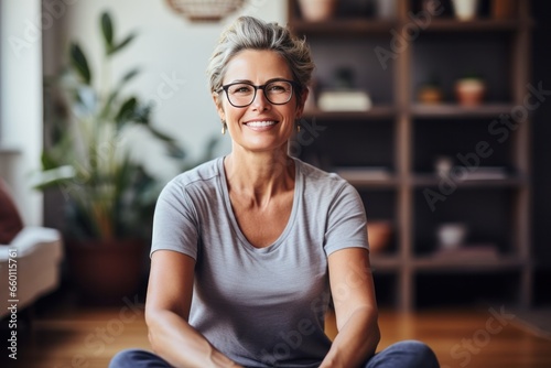a woman in glasses sits down and makes eye contact with the camera while medi...