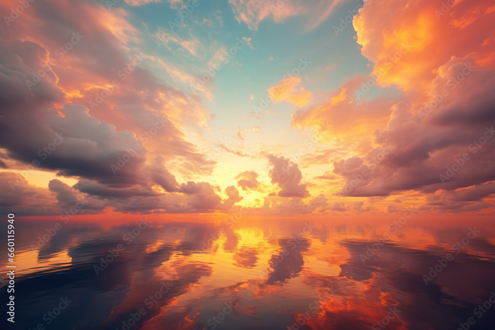 Sun Setting Over Water with Colorful Sky and Clouds with Reflection, Generative AI