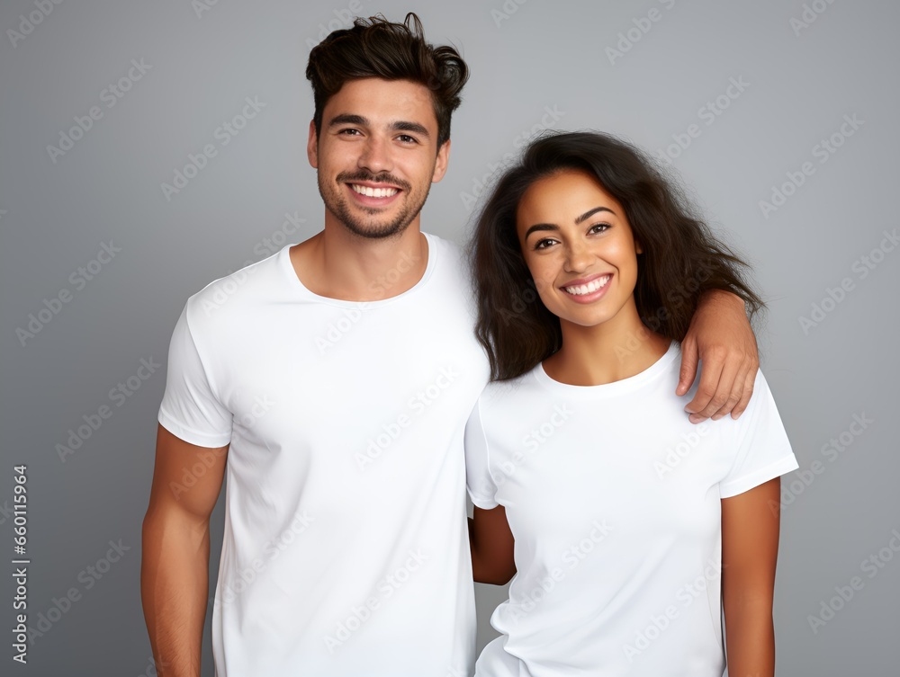 Happy Smiling Mixed Couple Portrait. Isolated on a plain background. Generative AI. Happy Smiling Mixed Couple Portrait. Isolated on a plain background. Generative AI.